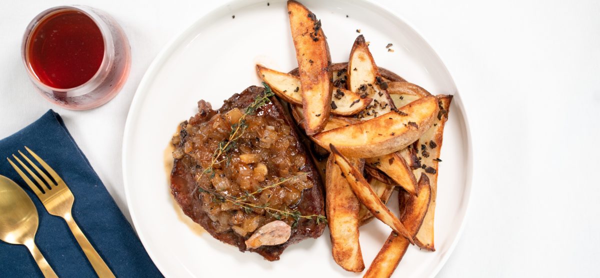 Interactive Cooking Demo Flat Iron Steak with Frites and Truffle & Caramelized Onion Jam
